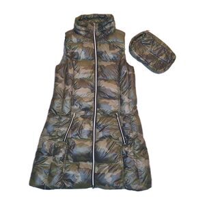 My Anorak Womens XS Long Nylon Duck Down Vest Green Camo Puffer Packable Hiking